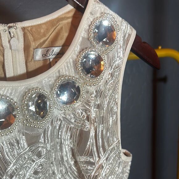 White and Silver Embellished Sheath Cocktail Dress - Picture 3 of 8